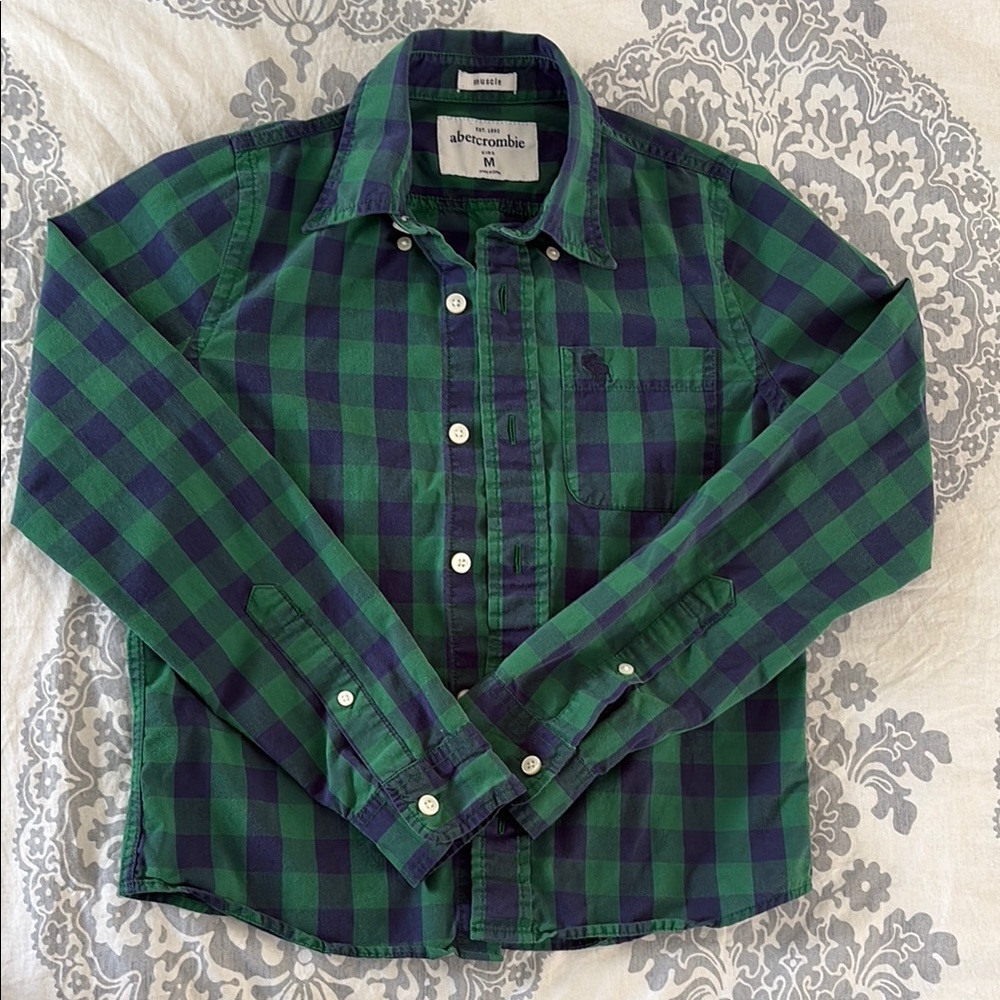 Abercrombie & Fitch Green and Navy Plaid Button-Down Shirt